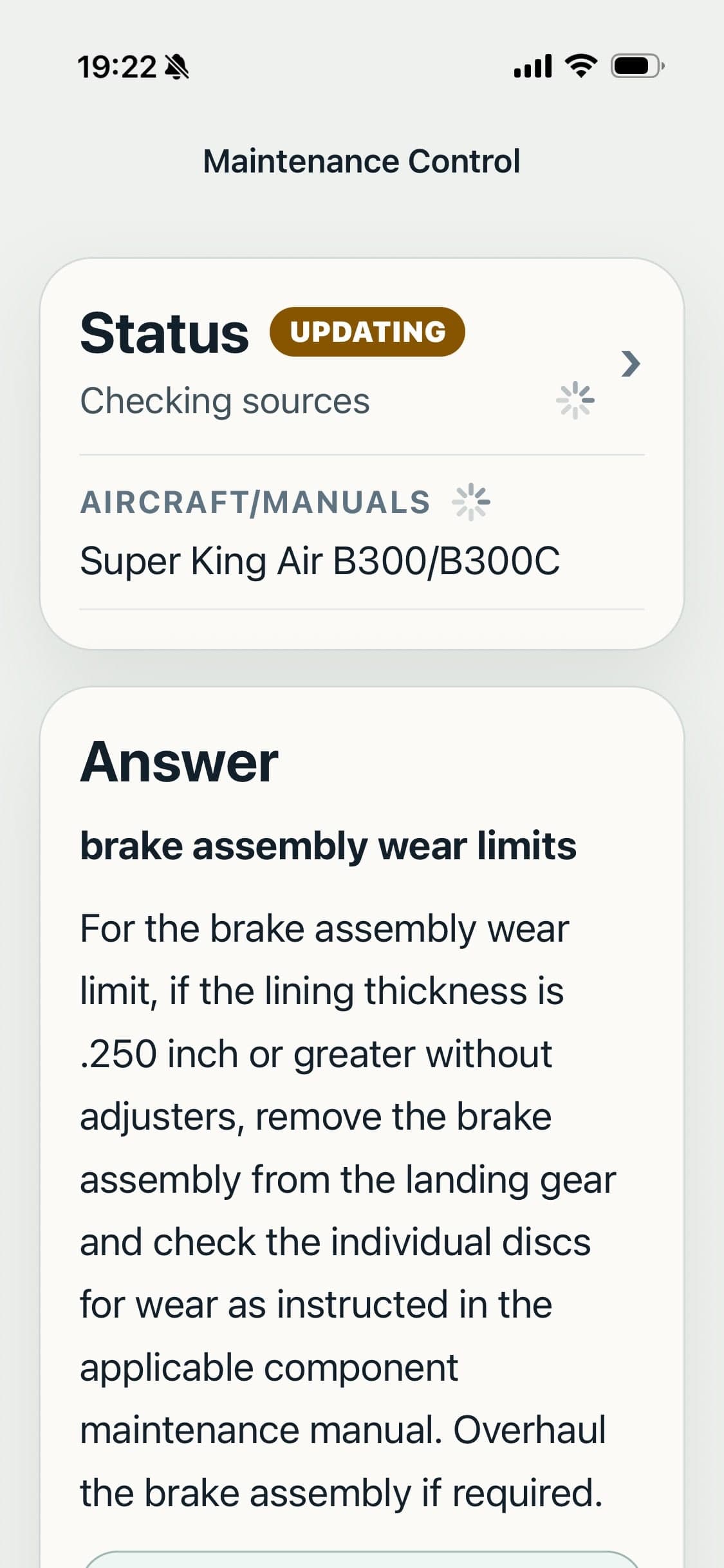 Maintenance Control mobile answer screen showing a brake assembly wear limits answer