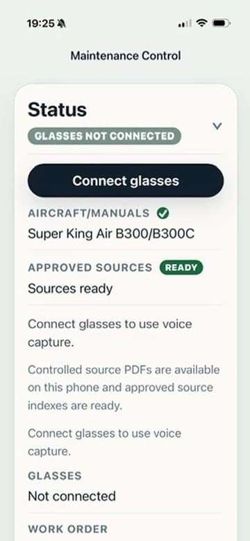 Maintenance Control mobile status screen showing approved sources ready for Super King Air B300/B300C