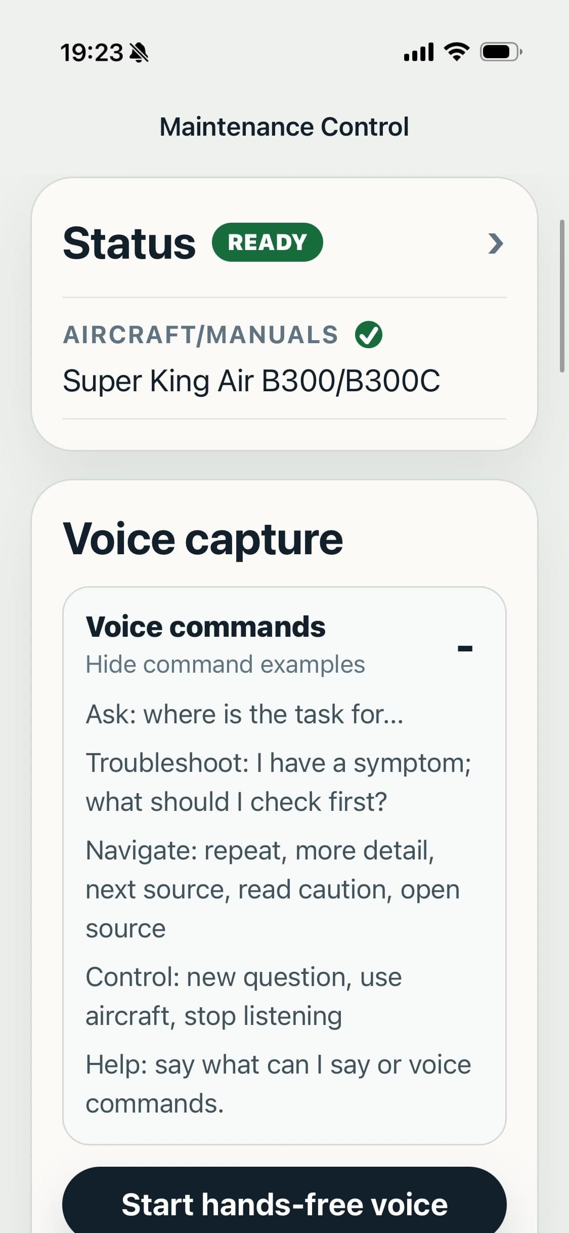 Maintenance Control mobile voice capture screen showing voice command examples and ready state